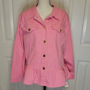 Ruby Rd. “Fresh Flourishes” Peony Pink Ruffle Hem Denim Jacket Size 10 NWT
